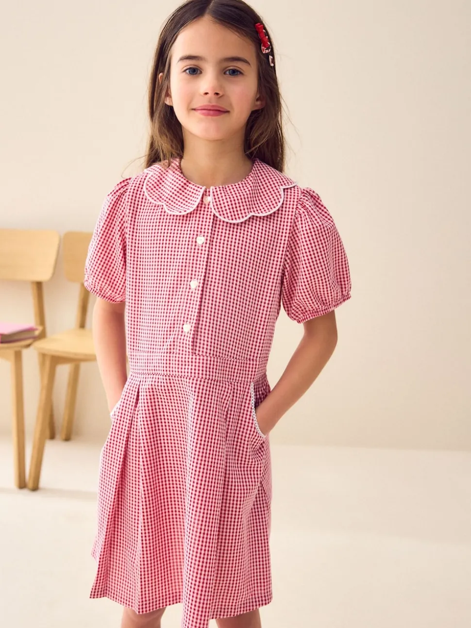 Rouge - Robe d'école Vichy à col festonné Cotton Rich (3-14ans)