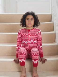 Rouge - The Little Tailor Kids Reindeer Noël Motif Fair Isle 100% Coton Tout-en-un
