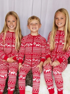 Rouge - The Little Tailor Kids Reindeer Noël Motif Fair Isle 100% Coton Tout-en-un