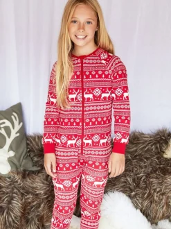Rouge - The Little Tailor Kids Reindeer Noël Motif Fair Isle 100% Coton Tout-en-un