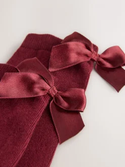 Rouge bordeaux - 2 Chaussettes genoux riches Nœud en coton Lot