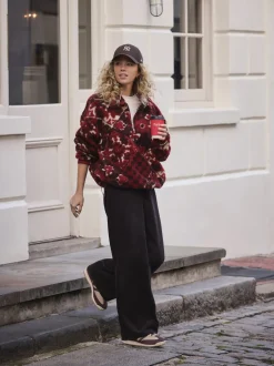 Rouge bordeaux à fleurs - Sweat-shirt en polaire jacquard Teddy Borg à quart de zip