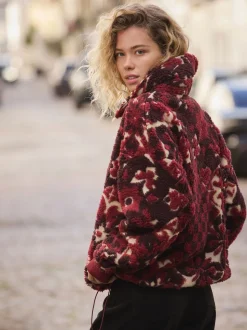 Rouge bordeaux à fleurs - Sweat-shirt en polaire jacquard Teddy Borg à quart de zip