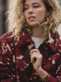 Rouge bordeaux à fleurs - Sweat-shirt en polaire jacquard Teddy Borg à quart de zip