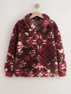 Rouge bordeaux à fleurs - Sweat-shirt en polaire jacquard Teddy Borg à quart de zip