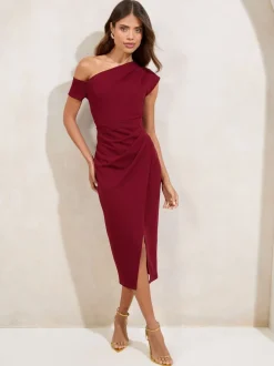 Rouge bordeaux - Lipsy Robe mi-longue à taille froncée et à épaules découvertes