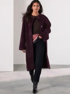 Rouge bordeaux - Manteau sans col en fausse fourrure