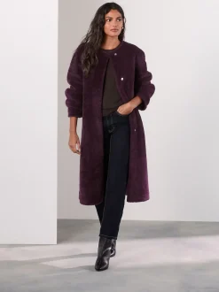 Rouge bordeaux - Manteau sans col en fausse fourrure