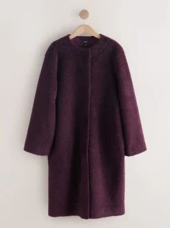 Rouge bordeaux - Manteau sans col en fausse fourrure