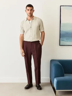 Rouge bordeaux - Pantalon élégant en mélange de laine coupe régulière avec lin et ajusteurs latéraux fonctionnels