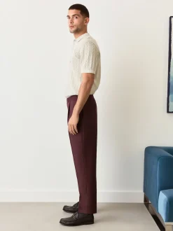 Rouge bordeaux - Pantalon élégant en mélange de laine coupe régulière avec lin et ajusteurs latéraux fonctionnels