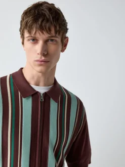 Rouge bordeaux - Polo en maille zippé à manches courtes coupe classique à rayures