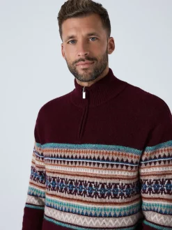 Rouge bordeaux - Pulls à encolure zippée à motif Fair Isle avec un bloc poitrine coupe classique