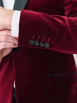 Rouge bordeaux - Slim Fit (Slim Fit) - Blazer Signature Pontoglio en velours italien avec revers châle