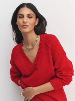 Rouge cerise - Pull long à col en V en coton et laine mélangés