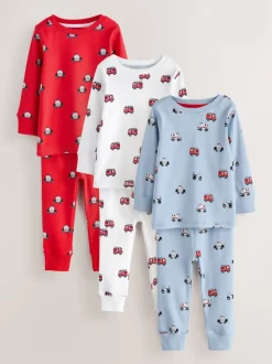 Rouge foncé/bleu motif véhicule d'urgence - Lot de 3 pyjamas Snuggle courts (9mois-10ans)