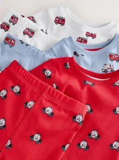 Rouge foncé/bleu motif véhicule d'urgence - Lot de 3 pyjamas Snuggle courts (9mois-10ans)