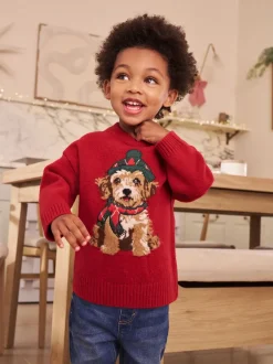 Rouge graphique chien - Pull de Noël familial assorti (3mois à7ans)
