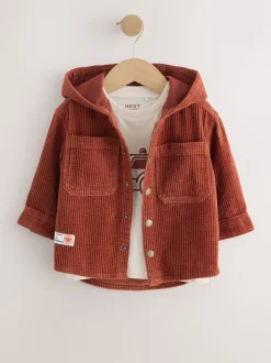 Rouge rouille - Ensemble surchemise et T-shirt en velours côtelé à capuche 2 Pièces (3mois-7ans)
