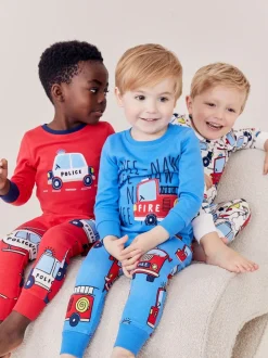 Rouge/bleu motif véhicules d'urgence - Lot de 3 pyjamas Snuggle courts (9mois-10ans)
