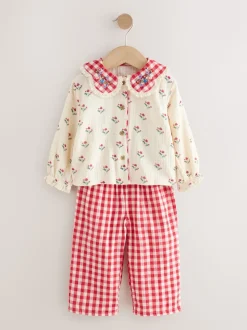Rouge/crème - Pyjama Bouton à travers tissé (9mths-10yrs)