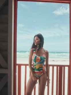 Rouge/Vert Tropical - DD Maillot de bain coupe ventrale Col dégagé