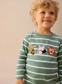 Safari à rayures vertes/blanches - T-shirt appliqué à manches longues (3 mois-7 ans)