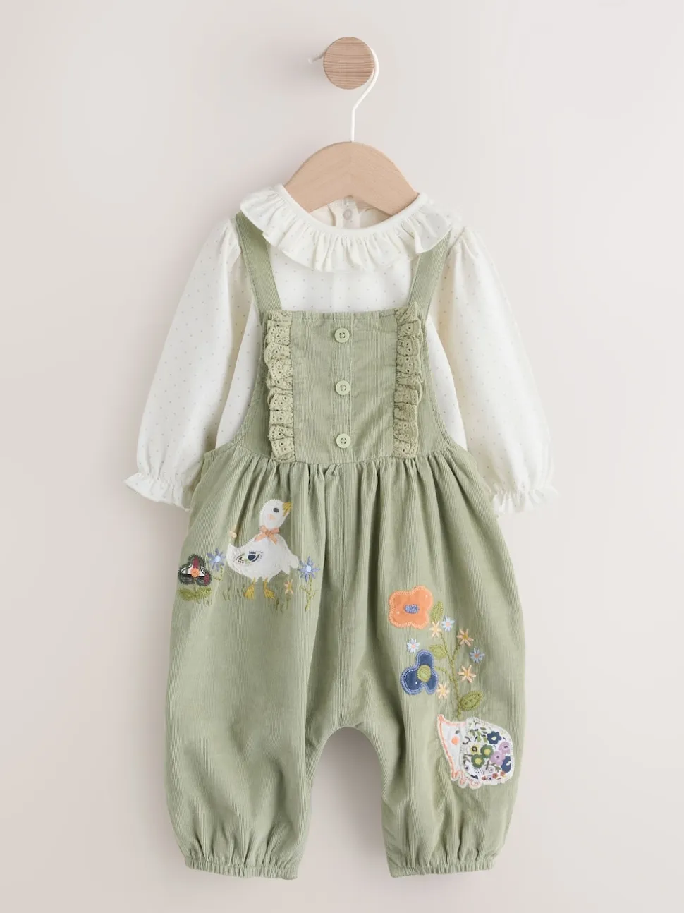 Sauge Vert brodée - Body à Manches longues et salopette en Velours côtelé Ensemble Bébé 2 Pieces (0mois-3ans)