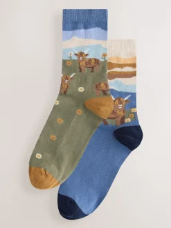Scène Hamish The Highland Cow - Lot de 2 paires de chaussettes en coton à poignée chaude