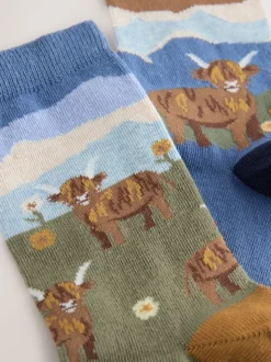 Scène Hamish The Highland Cow - Lot de 2 paires de chaussettes en coton à poignée chaude