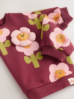 Smiley rouge bordeaux imprimé fleurs - Sweat à col ras du cou (3mths-7yrs)