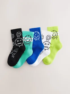 Sourire graffiti bleu/vert - Cushioned Semelle intérieure Cotton Rich Ribbed Tipped Chaussettes 5 Lot