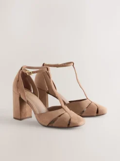 Suede de chameau - Chaussures en cuir à bout rond et talon carré