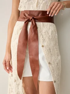 Tan - Ceinture large en cuir avec détail noué