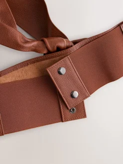 Tan - Ceinture large en cuir avec détail noué