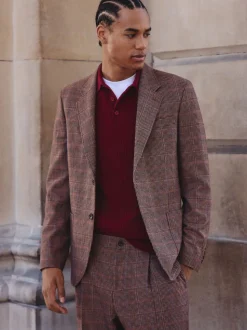 Tan/Rouge - Veste de costume slim à carreaux en mélange de laine