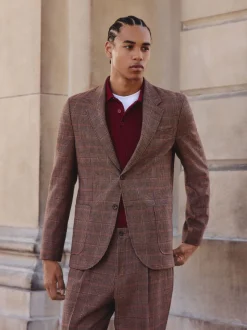 Tan/Rouge - Veste de costume slim à carreaux en mélange de laine
