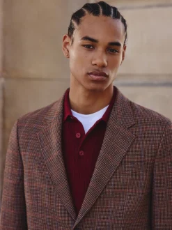 Tan/Rouge - Veste de costume slim à carreaux en mélange de laine