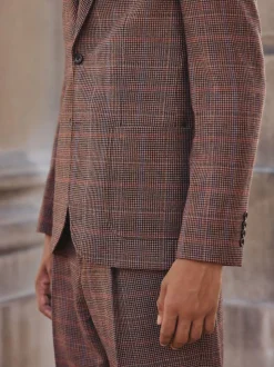 Tan/Rouge - Veste de costume slim à carreaux en mélange de laine
