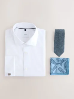 Texture moucheté blanc/bleu - Slim Fit (Slim Fit) - Ensemble chemise élégante, cravate et mouchoir de poche en coton mélangé