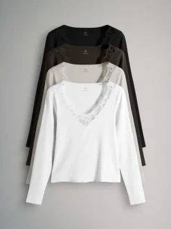 The Set lot de 4 T-shirts à manches longues côtelés Col en V  avec bordure en dentelle