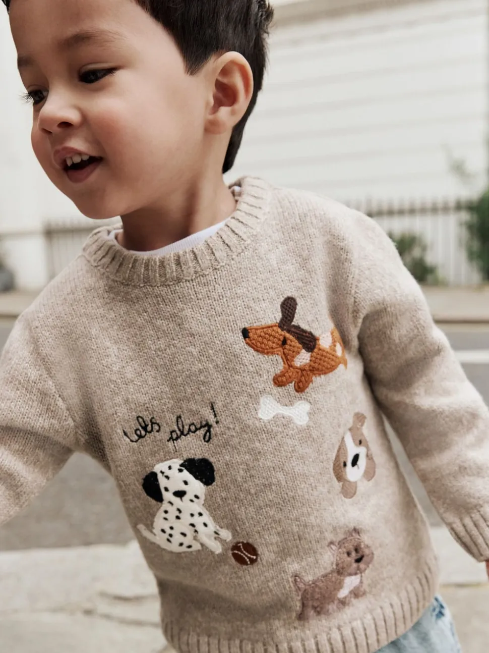 Ton neutre motif chiens - Pull col rond en maille (3mois-7ans)