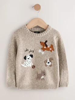 Ton neutre motif chiens - Pull col rond en maille (3mois-7ans)