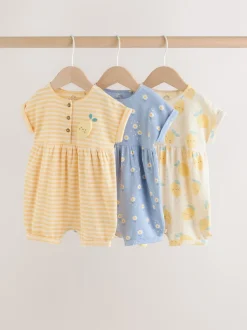 T-shirt bleu et citron imprimé à boutons - Lot de 3 barboteuses bébé en jersey