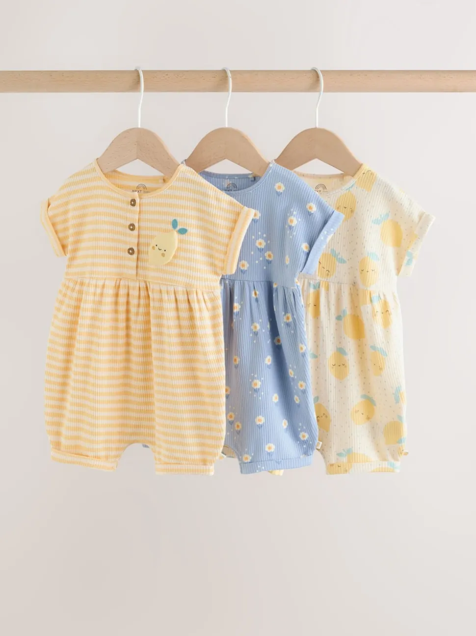 T-shirt bleu et citron imprimé à boutons - Lot de 3 barboteuses bébé en jersey