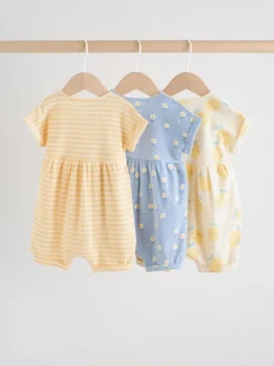 T-shirt bleu et citron imprimé à boutons - Lot de 3 barboteuses bébé en jersey