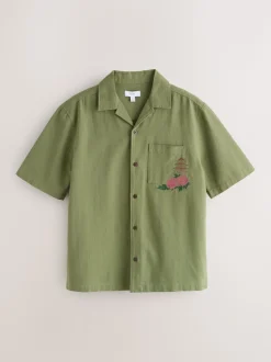 Vert - Chemise à manches courtes à imprimé japonais brodé à Texture