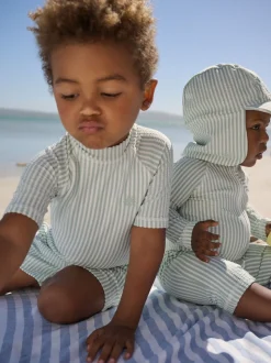 Vert à la menthe - Ensemble maillot de bain et chapeau anti-soleil rayé (3mois-7ans)