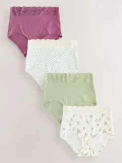 Vert à petites fleurs - Lot de 4 culottes en coton et dentelle