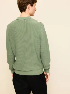 vert - Polos en maille à col zippé à manches longues coupe classique rayée